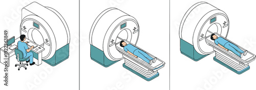 Isometric MRI scan procedure steps with patient and technician, magnetic resonance imaging workflow illustration for medical diagnostics and healthcare technology concepts