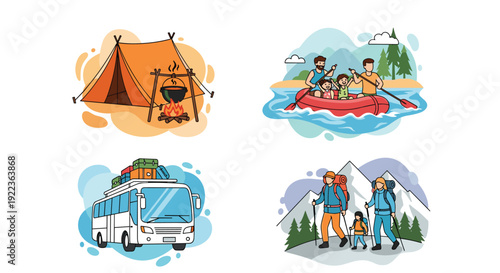 Collection of travel scenes including a campsite with a pot over a fire, river rafting, bus travel, and family hiking.