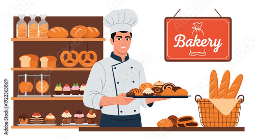 Friendly male baker wearing a white chef uniform holding a tray of delicious fresh pastries in a traditional bakery.