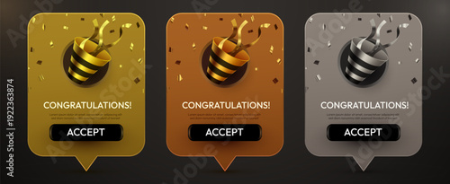 Festive Congratulations banners with party poppers and confetti, ideal for celebrating success or achievements. Vector illustration.