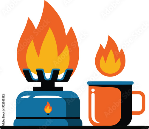 A blue portable camping stove with an orange flame and an orange mug showing a small fire