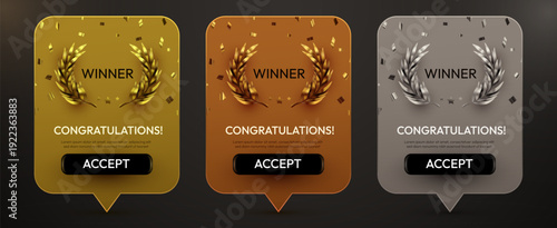 Elegant winner award badges in gold, bronze, and silver, featuring laurel wreaths, confetti, and an accept button. Vector illustration.