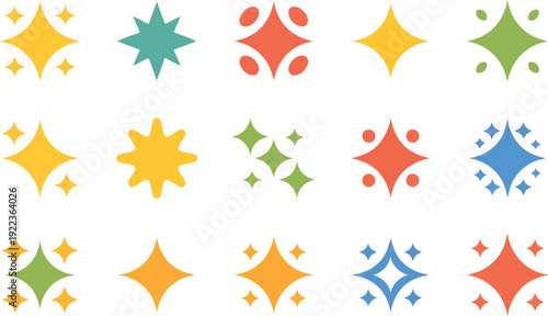 A bright assortment of colorful star and sparkle icons showcasing various patterns and clusters on a clear white surface
