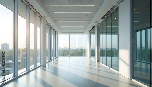 Bright empty office hallway with floor-to-ceiling windows offering extensive city and nature views