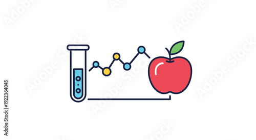 Test tube with liquid connected to a data graph and a red apple representing food science and nutritional research.