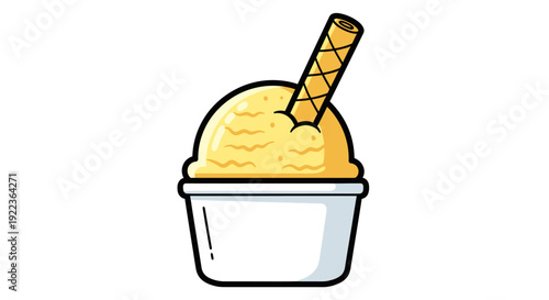 A scoop of creamy yellow ice cream in a white cup with a wafer stick.