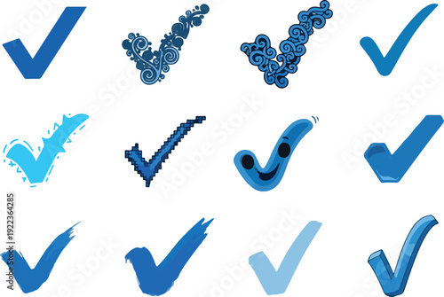 Checkmark icon. Blue check mark vector set. Checked checkbox sign. Approved symbol. Isolated v checkmark icon.
