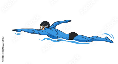 Illustration of a professional male swimmer in a blue suit performing the butterfly stroke.