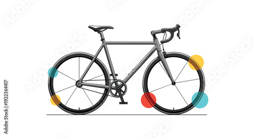 Modern road bicycle design shown from a side view with colorful circular markers highlighting key components and structural details.