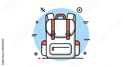 Stylish school backpack icon with adjustable straps and multiple pockets displayed against a circular blue background with symbols.