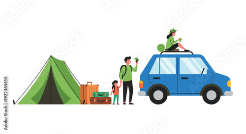 Happy family prepares for an outdoor camping adventure with a loaded blue car, green tent, and several travel suitcases.