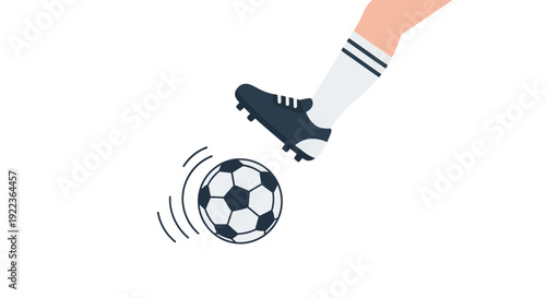 Close-up of a soccer players foot kicking a black and white soccer ball.