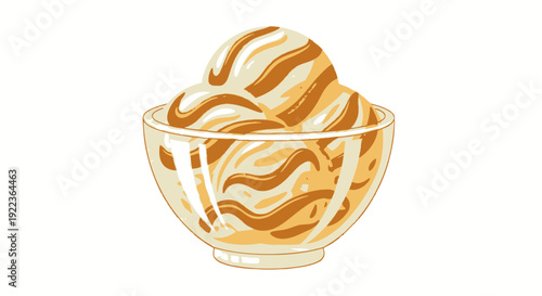 A clear glass bowl filled with scoops of creamy vanilla and caramel swirl ice cream.