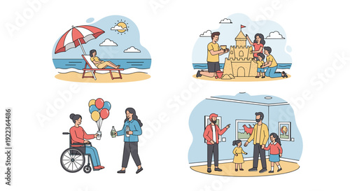 Diverse collection of people enjoying various activities such as relaxing on a beach, building sandcastles, and visiting an art gallery.