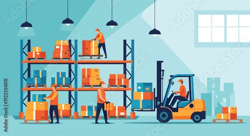 Busy warehouse scene featuring workers organizing boxes on high shelves and a driver operating a forklift for efficient logistics.