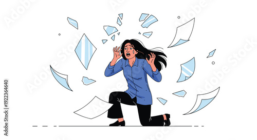Overwhelmed professional woman experiencing intense stress and panic as documents fly around and glass shatters in the background.