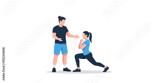 Woman doing lunges with personal trainer fitness guidance exercise routine.