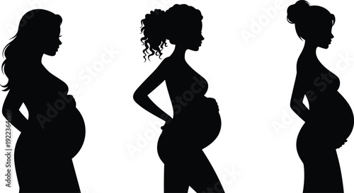 Silhouettes of Pregnant Women in Profile, Maternity Motherhood Concept Illustration, Expecting Mothers with Baby Bump, Prenatal Care and Pregnancy Stages Graphic