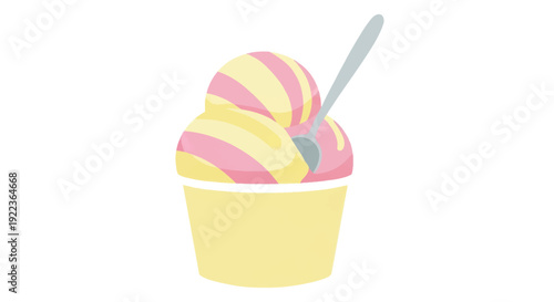 Colorful Striped Gelato Scoops in Yellow Cup with Spoon.