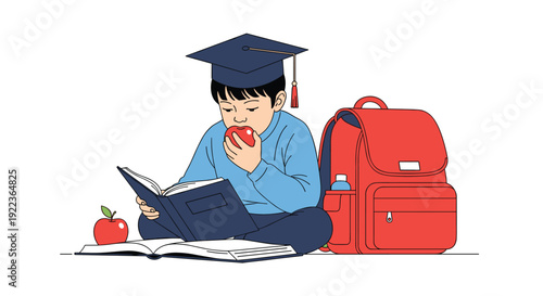 Young student wearing a graduation cap focuses on reading a book while enjoying a healthy apple snack next to a red backpack.