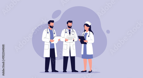 Professional medical team consisting of two male doctors and a female nurse standing together for a consultation or checkup.