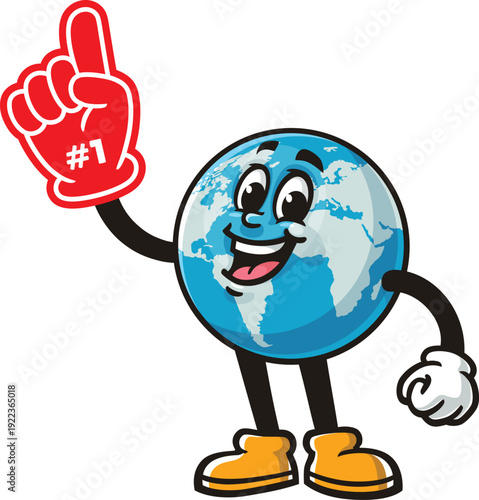 Earth mascot cartoon holding a giant foam finger