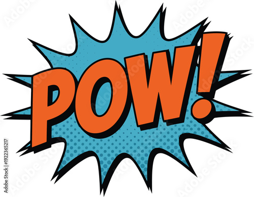 A classic comic book POW sound effect depicted with sharp orange lettering against a blue dotted splash