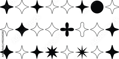 A clear arrangement of various black and white sparkle shapes and symbols displayed in three organized rows