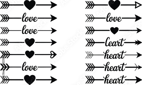A collection of black love and heart themed cupid arrows on a clean white background