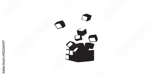 Abstract composition of falling cubes in black and white.