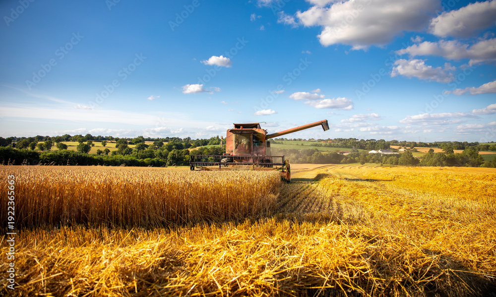 Fototapeta premium Machine agricole au milieu des champs dans la campagne française.