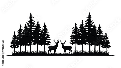 A black silhouette of deer and trees on a white background isolated on white background, Vector
