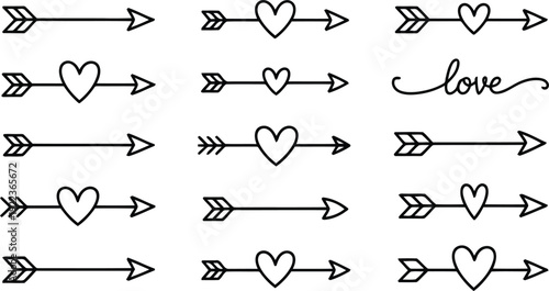 A collection of black outlined hand drawn arrows featuring hearts and the love text on a clean white field