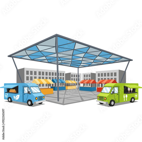 Colorful Food Trucks Under Modern Canopy.