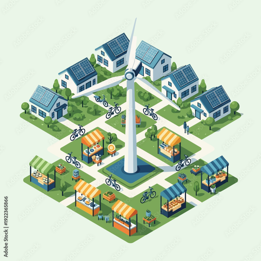 Fototapeta premium Wind Turbine in Residential Neighborhood Illustration.