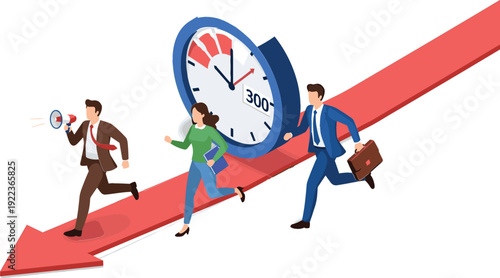 Business Deadline Pressure Concept Illustration with Office People Running Against Time Clock and Downward Arrow Showing Urgency and Stress