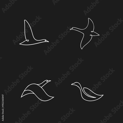 Minimalist Line Art Geese and Swans Flying and Resting Vector Illustrations Set