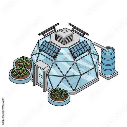 Futuristic Greenhouse with Solar Panels and Water Tank.