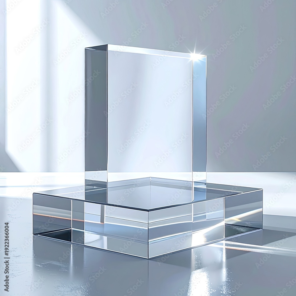 Fototapeta premium Minimalist pedestal display featuring a clear glass or acrylic block bathed in bright ambient light.