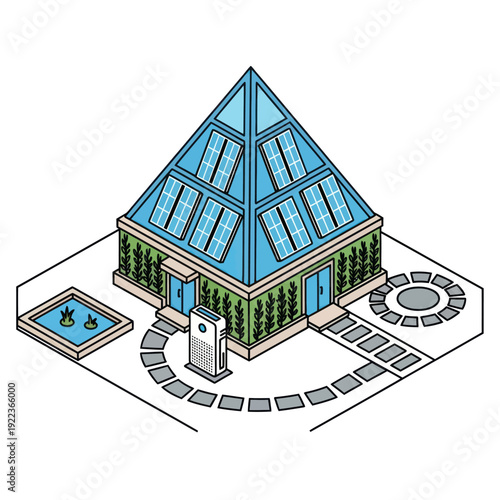 Modern Greenhouse with Pyramid Roof and Garden.