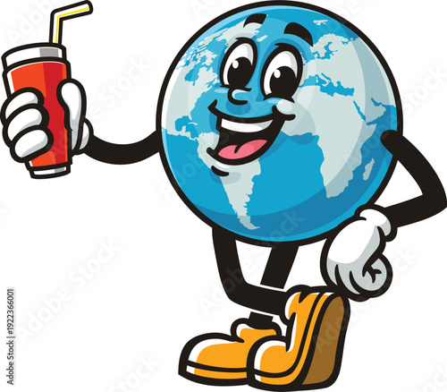 Earth mascot cartoon holding a soft drink