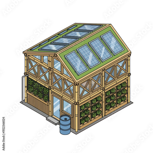 Greenhouse with Wooden Frame and Plants Inside.