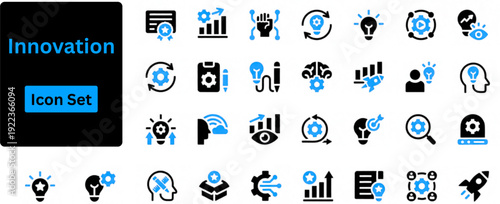 Innovation solid icon set. Idea and innovation icons. Solid icons vector collection - Vector icon set - glyph solid icon set. Creative idea, brainstorming, solution, thinking and innovation icons.