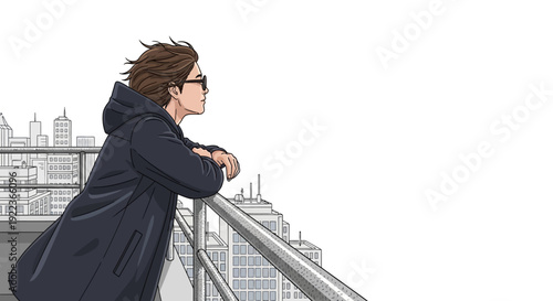 Man looking out over cityscape wearing glasses.