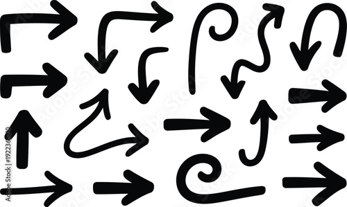 A collection of diverse black hand drawn arrows pointing in various directions on a clean white background