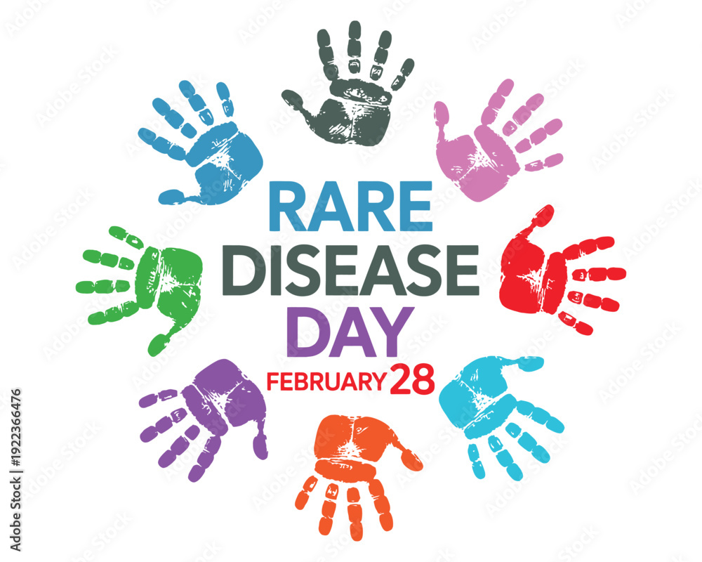 Obraz premium Rare Disease Day February 28 Awareness Banner with Colorful Handprints Representing Global Support and Diversity in Healthcare Communities