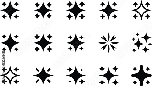 A collection of fifteen black sparkle icons representing shine, glow, and magic on a white background