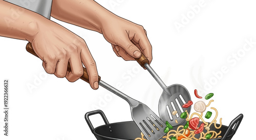 Hands cooking with metal spatulas.