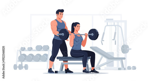 Personal trainer assisting woman lifting barbell on weight bench in a gym.