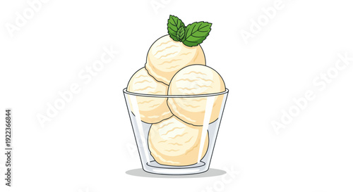 A simple illustration of vanilla ice cream scoops in a glass cup garnished with fresh mint leaves.